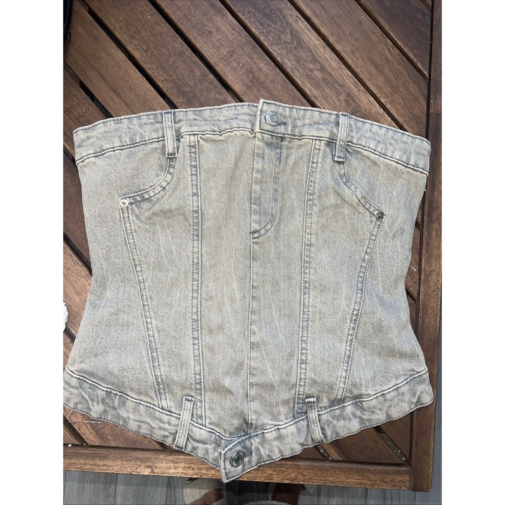 Zara strapless denim Beige Distressed Top Sm Y2K City